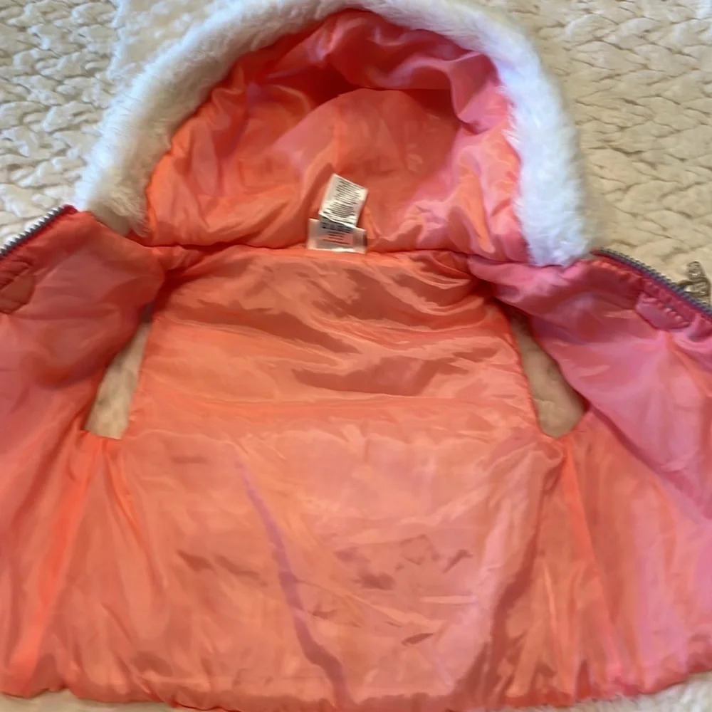 LITTLE LASS unicorn hooded puffer vest toddler girls faux fur trim zipped 3T